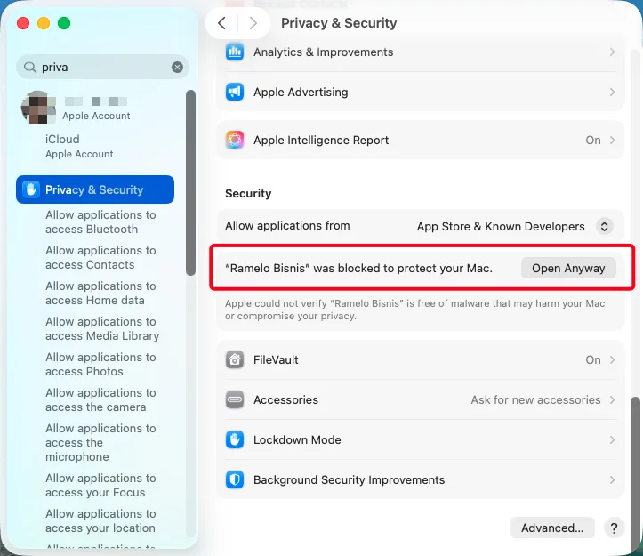 Privacy & Security, tombol Open Anyway untuk Ramelo Bisnis
