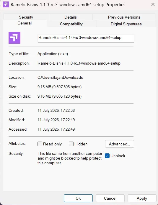Dialog Properties dengan opsi Unblock dicentang